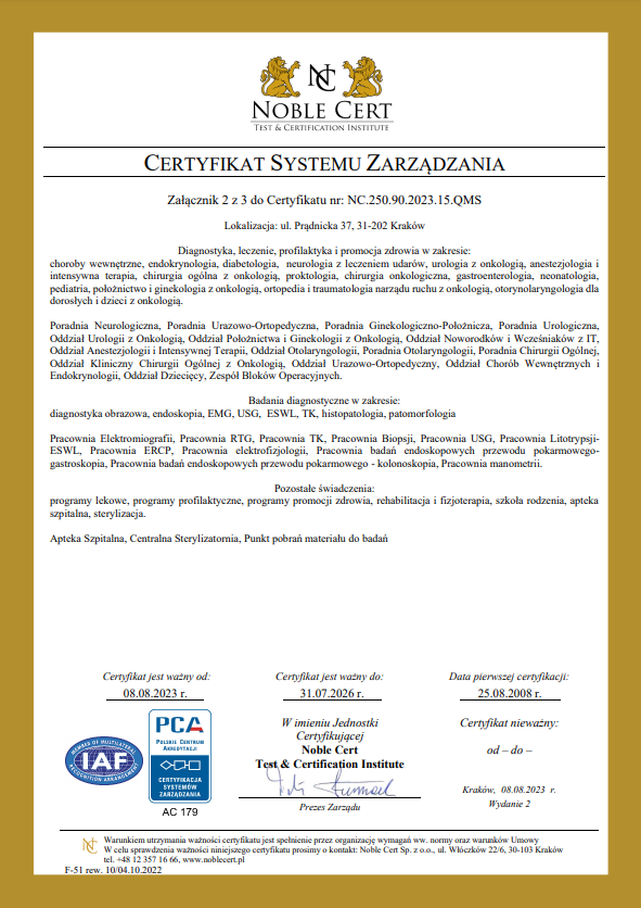 Na zdjęciu widnieje Załącznik nr 2, który zawiera wyjaśnienie działań realizowanych w Szpitalu Miejskim Specjalistycznym im. Gabriela Narutowicza w Krakowie.